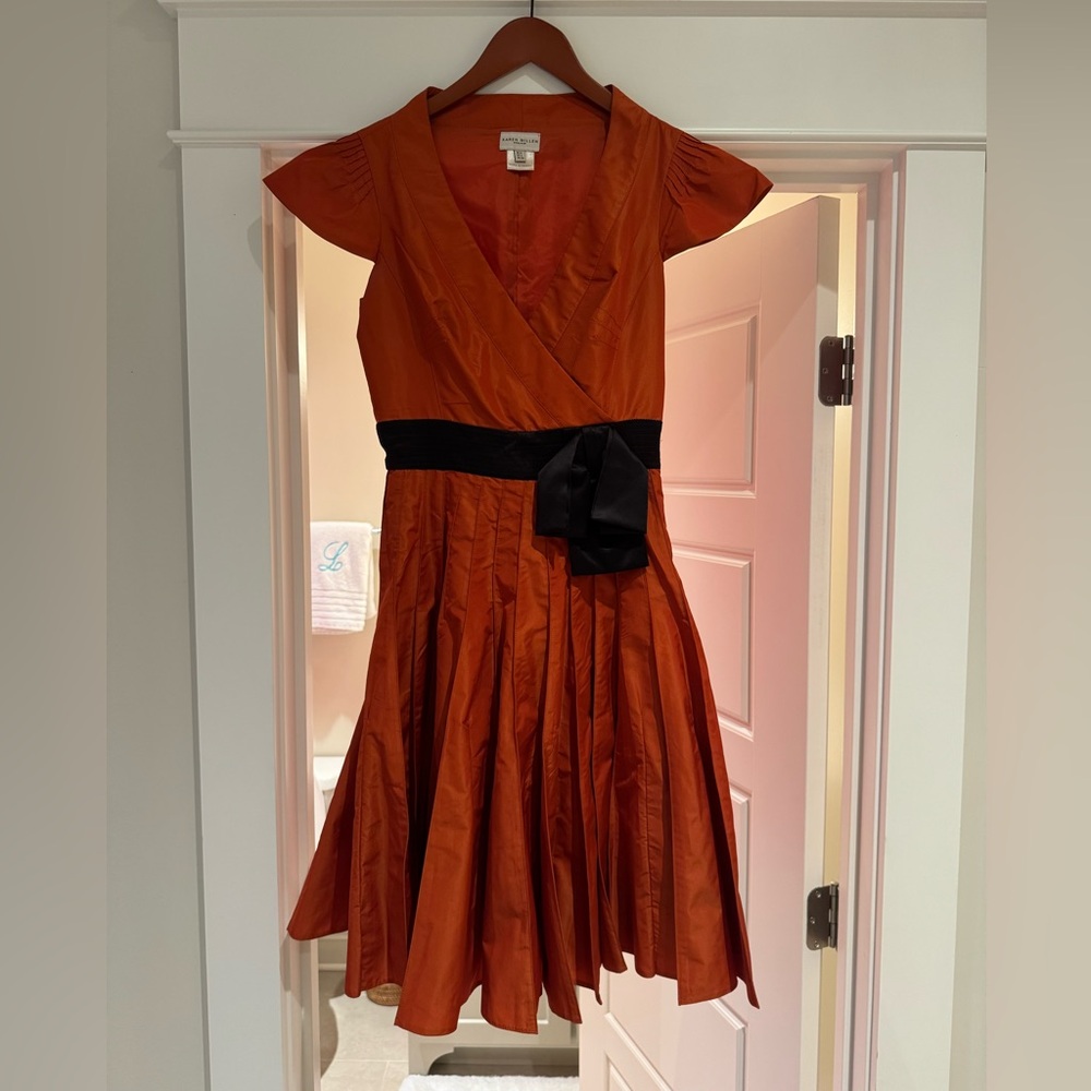 Karen Millen Orange Dress with Black Bow Tie Waste